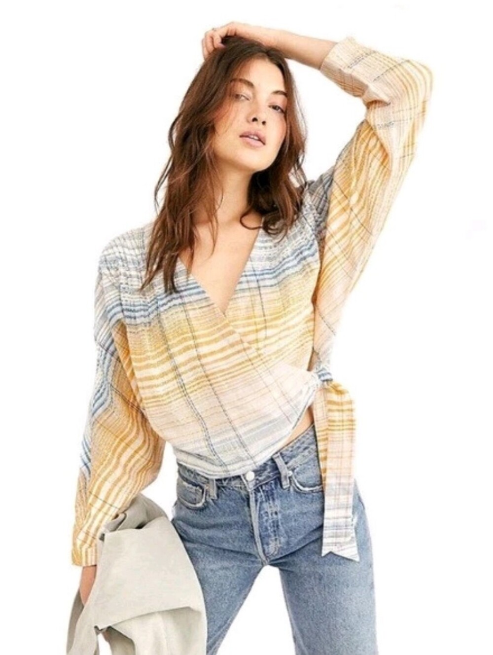 We the Free Maldives Striped Wrap Blouse in Soft Yellow and Blue